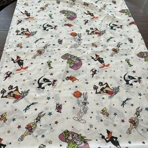 Vintage Space Jam Looney Toons Flat Twin Sheet Bugs Bunny Tweety Bird Sylvester